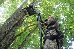 Connect the full-body harness to the lifeline at the ground and slide the knot up and down as you climb in or out of the stand.
