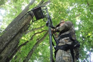 Connect the full-body harness to the lifeline at the ground and slide the knot up and down as you climb in or out of the stand.