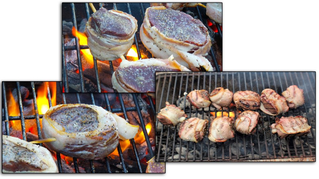 Sear the surface of the steaks first,then flip onto their sides to cook the bacon without overcooking the venison.Remove the steaks from the grill and allow to rest for five to10 minutes, preferably with a loose tent of foil over the plate.