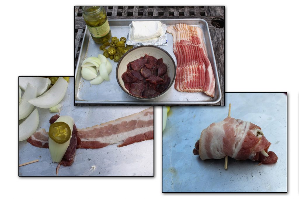 Gather all of your ingredients for an assembly line production of the poppers before placing on the grill or in the oven. Add a dollop of cream cheese, a bit of onion, and a slice of jalapeno to each dove breast half, then roll in bacon and secure with a toothpick. Assemble each popper and set it aside as you move on to the next. Once all poppers are wrapped, move on to the cooking process.