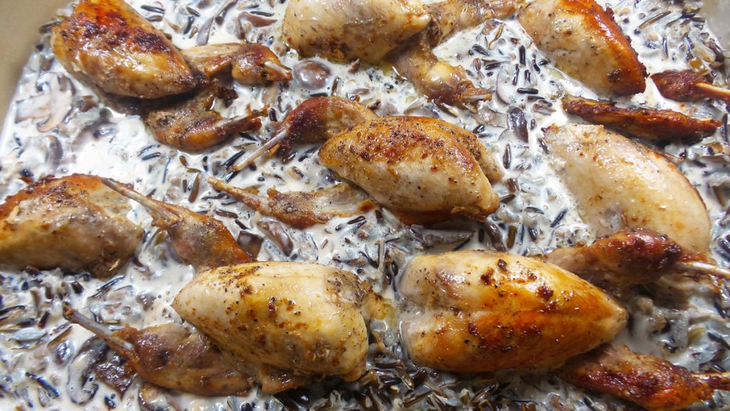 Nestle the browned quail into the rice and gravy mixture, leaving the breast meat exposed.