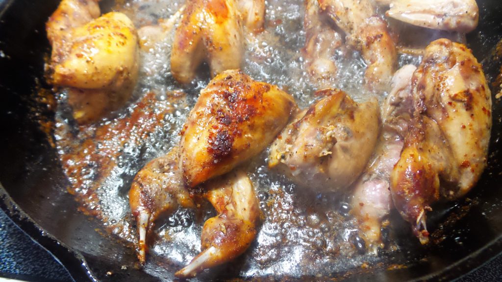 Lightly brown the quail in a butter and oil mixture over medium-high heat for two minutes per side.