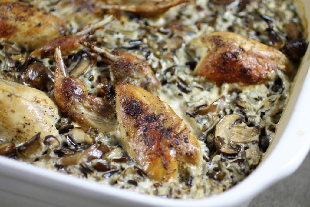 Bake the dish at 350 degrees for 25 to 30 minutes to fully cook the quail.