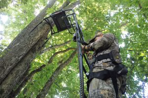 Connect the full-body harness to the lifeline at the ground and slide the knot up and down as you climb in or out of the stand.