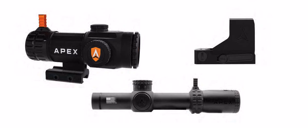 Apex optics Vapor 1-4x22, Ion 1x25mm red-dot, and Edge Black 1-10x24 LPVO